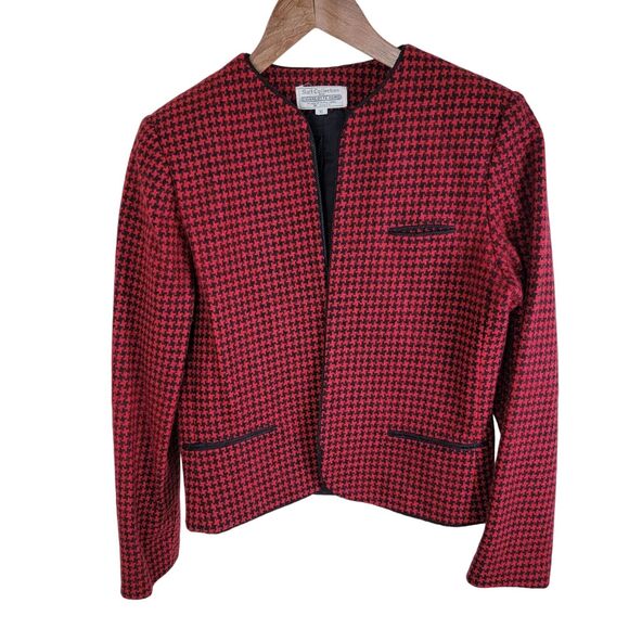 Charlotte Ford Vintage Womens Houndstooth Wool Open Blazer size 10 Red Black - Picture 12 of 12